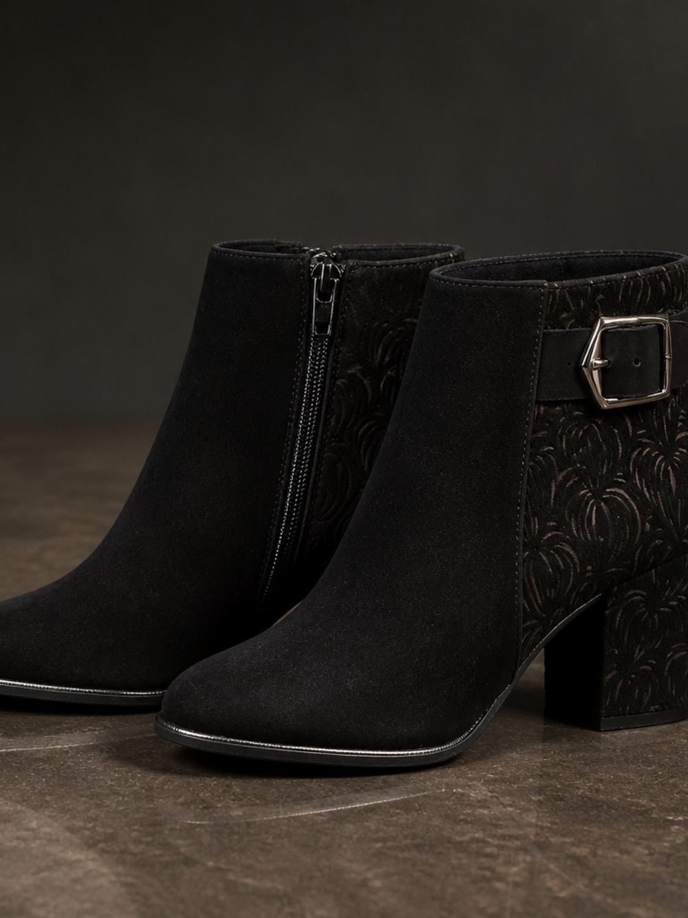 Elegant Black Suede Ankle Booties with Buckle Accent